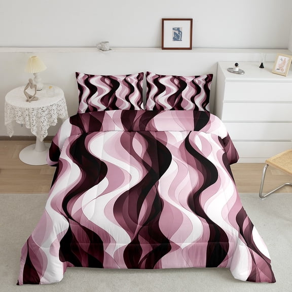 Erosebridal Fashion Geometric Comforter Sets King Size, Black Pink Comforters & Duvets, Abstract Stripes Reversible Duvet Insert, Super Cozy Bedroom Decorative, 3pcs