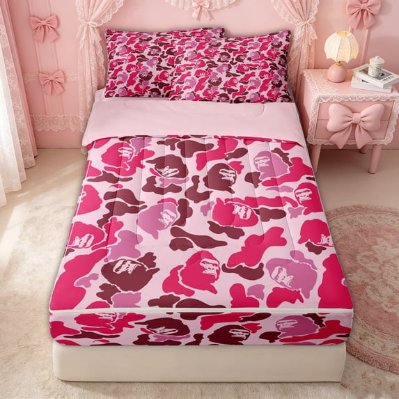 Erosebridal Fashion Gorilla Head Zipper Queen Comforter Set with Fitted Sheet and 2 Pillowcases for Girls, Camouflage Shape Print Zipper Bedding Set, Pink Reversible, 4pcs