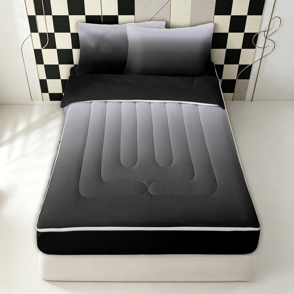 Erosebridal Fashion Gradient Zipper Queen Comforter Set with Fitted Sheet and 2 Pillowcases for Adult, Gray Black Ombre Zipper Bedding Set, Black Reversible, 4 Pieces