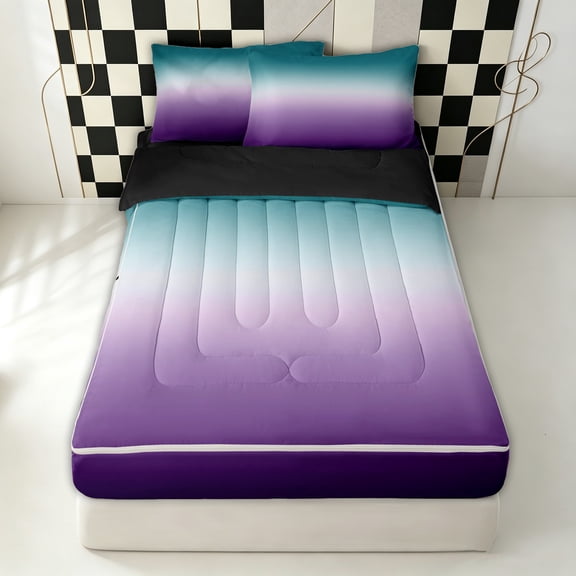 Erosebridal Fashion Gradient Zipper Twin Comforter Sets with Fitted Sheet and 2 Pillowcases for Adult, Purple Blue Ombre Zipper Bedding Set, Black Reversible, 4pcs