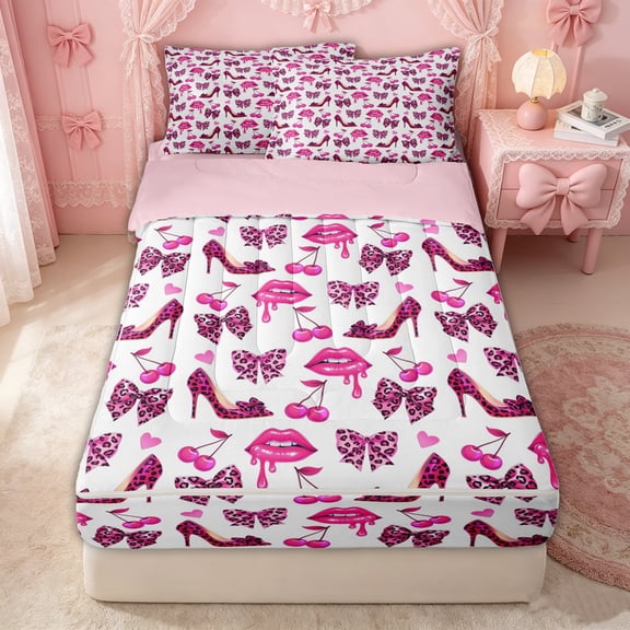 Erosebridal Fashion Leopard Lip Print Zipper Twin Comforter Sets with Fitted Sheet and 2 Pillowcases for Girls, Cherry High Heel Zipper Bedding Set, Pink Reversible, 4-Piece