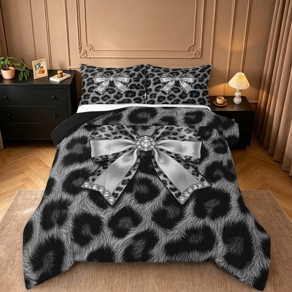 Erosebridal Fashion Leopard Pattern Full Size Comforter Sets For Girls,Cheetah Wildlife Print Bedding Sets For Kids,Black Reversible,3-Piece