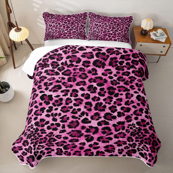 Erosebridal Fashion Leopard Print Bed Spread Queen for Girls, Hot Pink Polkadots Queen Coverlet Set, 3 Pieces