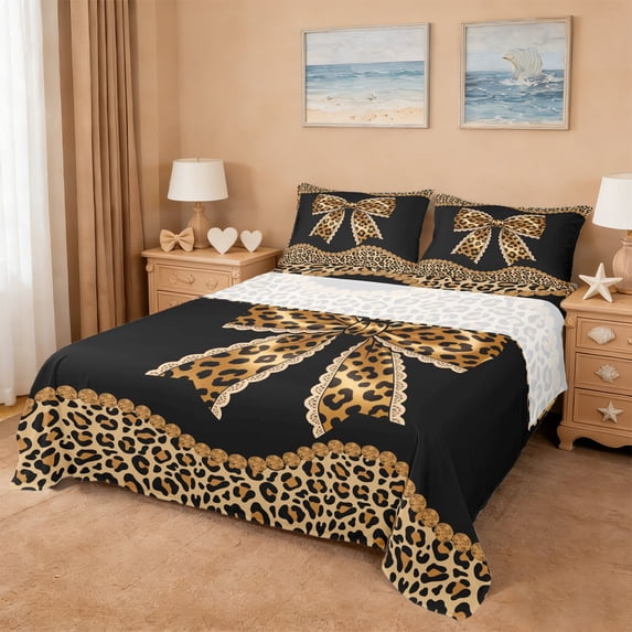 Erosebridal Fashion Leopard Print Bowtie Kids Bed Sheets,Cheetah Pattern Theme Bowknot King Sheets For Girls 4pcs