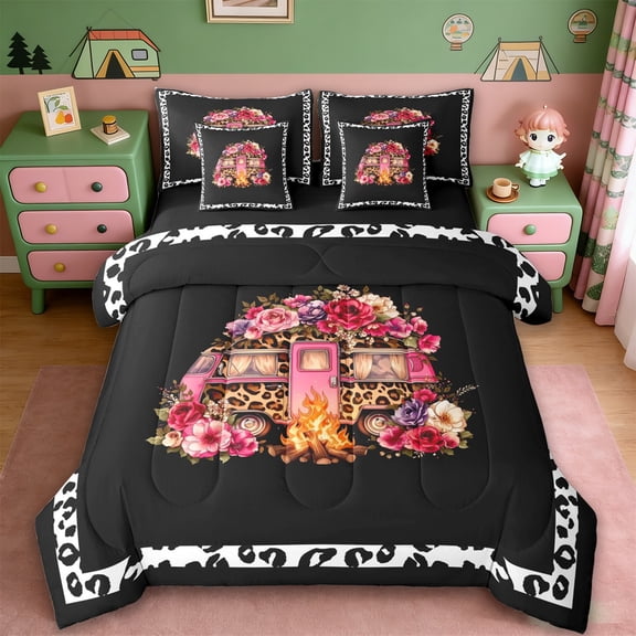 Erosebridal Fashion Leopard Print Camping RV 7-Piece Twin Bedding Sets,Travel Trailers Lover Bedding Comforter Set,Reversible black