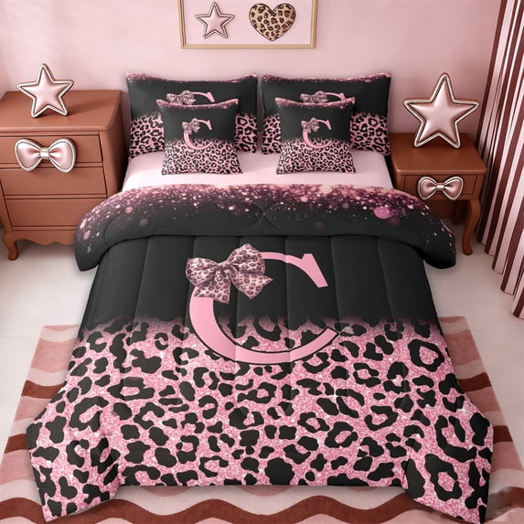 Erosebridal Fashion Leopard Printed 7pcs Bedding Comforter Set,Pink Cheetah Pattern C Alphabet Queen Bedding Sets For Kids Girls,Reversible pink