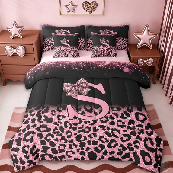 Erosebridal Fashion Leopard Printed 7pcs Bedding Comforter Set,Pink Cheetah Pattern S Alphabet Queen Bedding Sets For Kids Girls,Reversible pink