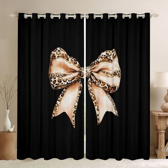 Erosebridal Fashion Leopard Printed Blackout Curtains Set of 2 (52x84 Each),Brown Cheetah Pattern Bowknot Window Curtains For Kids