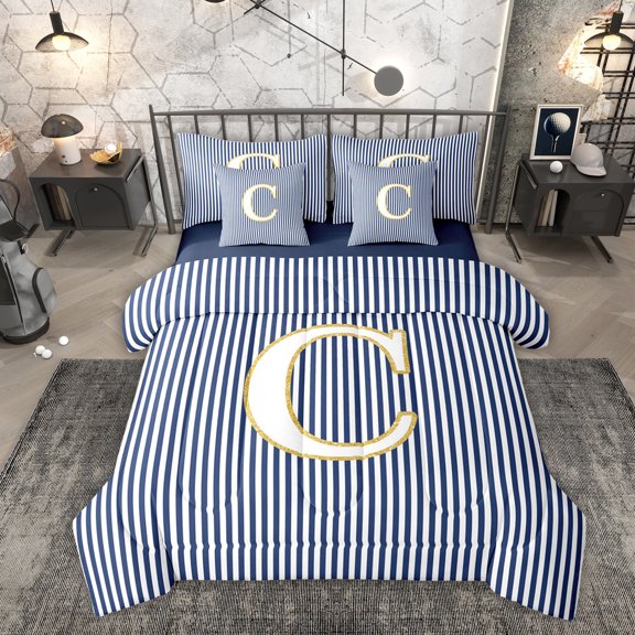 Erosebridal Fashion Letter C Twin Bedding Sets 7-Piece for Kid, Blue Cartoon Line Bedding Comforter Set