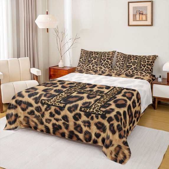 Erosebridal Fashion Letter H Monogrammed Queen Sheet Sets For Cheetah Pattern Lover,Brown Leopard Print Bed Set For Adults Women 4-Piece