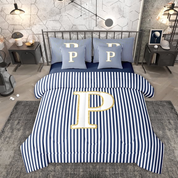 Erosebridal Fashion Letter P Twin Bedding Sets 7-Piece for Kid, Blue Cartoon Line Bedding Comforter Set