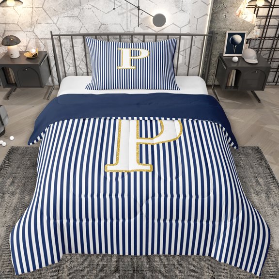Erosebridal Fashion Letter P Twin Comforter Sets for Kid, Blue Cartoon Line Bedding Set, 2pcs