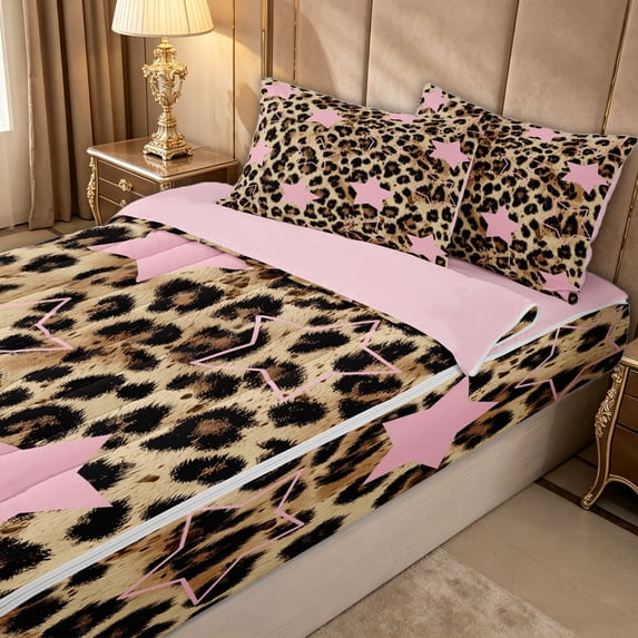 Erosebridal Fashion Star Leopard Print Zipper Full Size Comforter Sets with Fitted Sheet and 2 Pillowcases for Men Women, Girly Star Cheetah Zipper Bedding Set, Pink Reversible, 4pcs