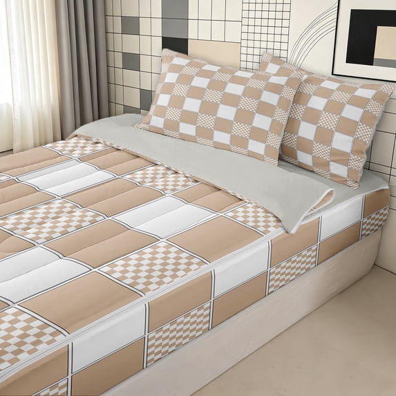 Erosebridal Fashion Wheat White Square Zipper Twin Comforter Sets with Fitted Sheet and 2 Pillowcases for Boys Girls, Buffalo Check Print Zipper Bedding Set, Gray Reversible, 4-Piece