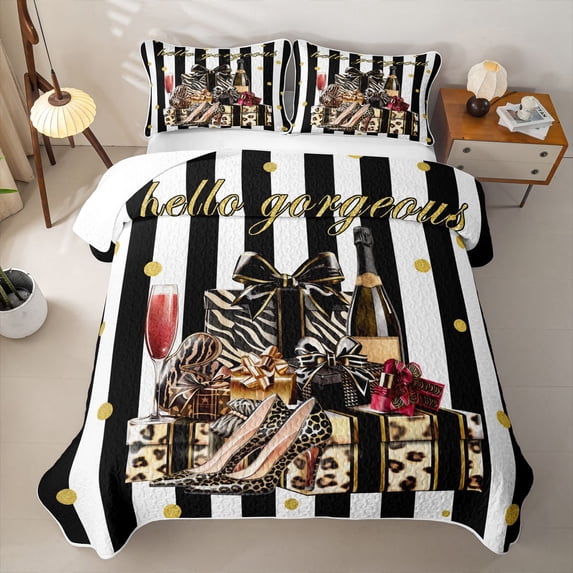 Erosebridal Fashion Women Gifts Twin Quilt Set For Adults,Chic Cheetah Print High Heels Twin Coverlet Set,2 Pieces