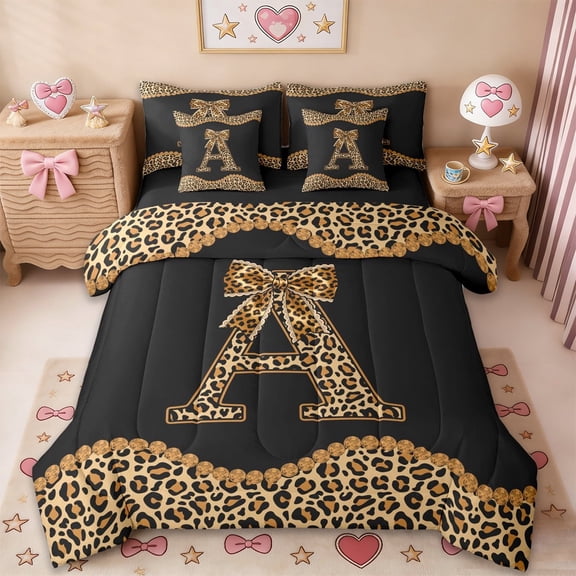 Erosebridal Fashion Women Letter A Theme 7-Piece Twin Bedding Sets,Kids Leopard Print Bows Bedding Comforter Set For Cheetah Lovers,Black Reversible