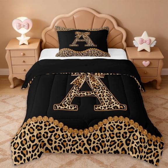 Erosebridal Fashion Women Letter A Theme Twin Comforter Sets,Kids Leopard Print Bows Bedding Set For Cheetah Lovers,Black Reversible,2 Pieces