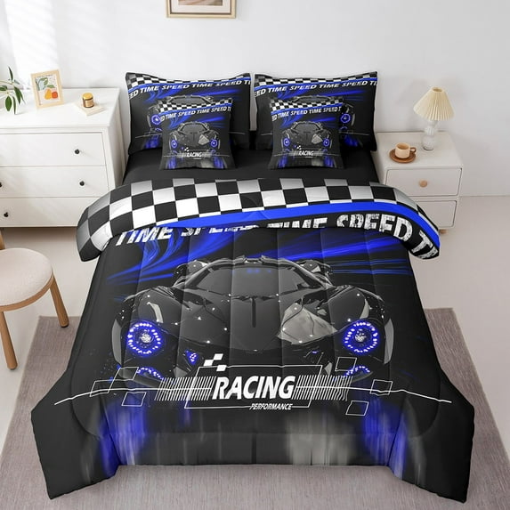 Erosebridal Fast Car Bedding Sets Twin Size,Black Blue Comforter Sets with Sheets,Car Theme Bed in a Bag Twin size,Microfiber Geometric Room Decorative,Reversible,7pcs