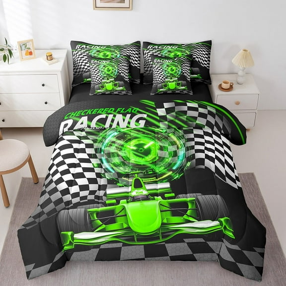 Erosebridal Fast Car Bedding Sets Twin Size,Black Green Comforter Sets with Sheets,Car Theme Bed in a Bag Twin size,Microfiber Geometric Room Decorative,Reversible,7pcs