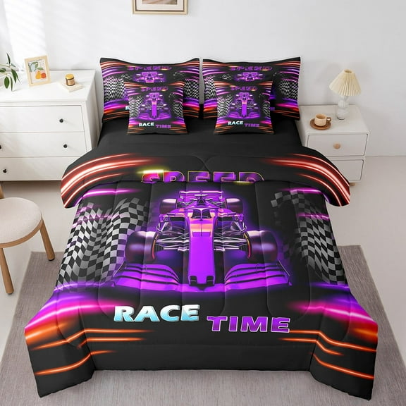 Erosebridal Fast Car Bedding Sets Twin Size,Black Purple Comforter Sets with Sheets,Car Theme Bed in a Bag Twin size,Microfiber Geometric Room Decorative,Reversible,7pcs