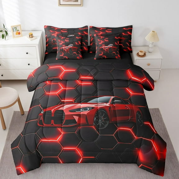 Erosebridal Fast Car Bedding Sets Twin Size,Black Red Comforter Sets with Sheets,Car Theme Bed in a Bag Twin size,Microfiber Geometric Room Decorative,Reversible,7pcs