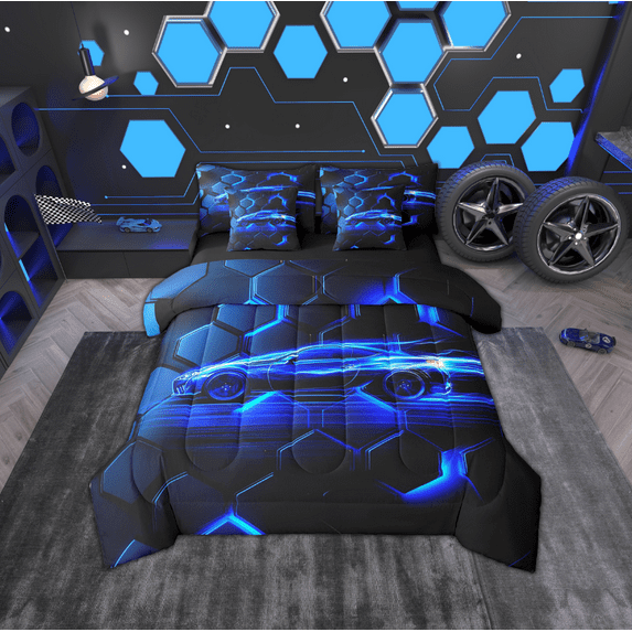 Erosebridal Fast Car Bedding Sets Twin Size,Geometric Honeycomb Comforter Sets with Sheets,Black Blue Bed in a Bag Twin size,Ultra Soft Ombre Bedroom Decoration,Reversible,7-Piece