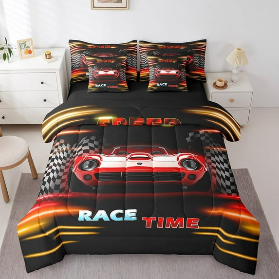 Erosebridal Fast Car Bedding Sets Twin Size,Orange Red Comforter Sets with Sheets,Car Theme Bed in a Bag Twin size,Microfiber Geometric Room Decorative,Reversible,7pcs