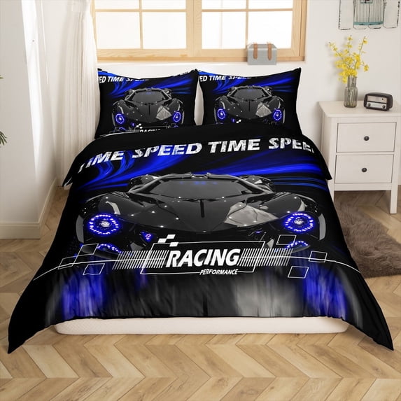 Erosebridal Fast Car Comforter Cover Twin,Black Blue Bedding Twin Size,Car Theme Duvet Cover Twin,Microfiber Geometric Room Decorative(No Comforter),Reversible,3pcs