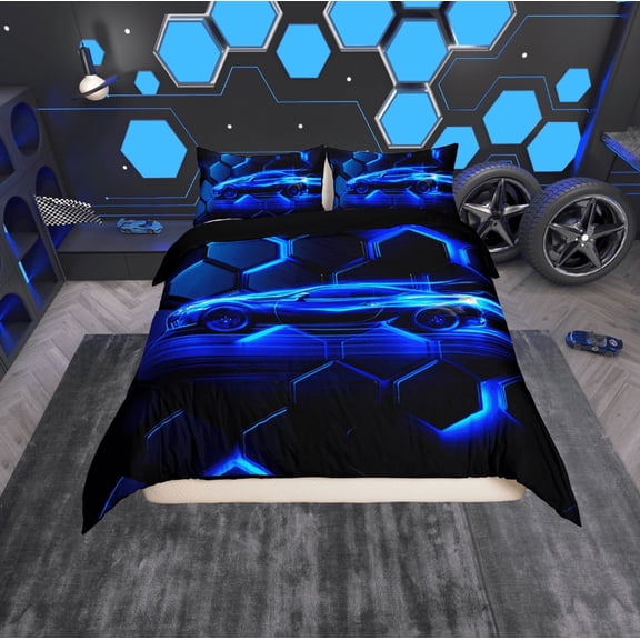 Erosebridal Fast Car Comforter Cover Twin,Geometric Honeycomb Bedding Twin Size,Black Blue Duvet Cover Twin,Ultra Soft Ombre Bedroom Decoration,Reversible,2-Piece(No Comforter)