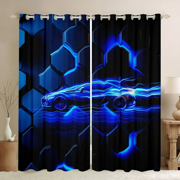 Erosebridal Fast Car Curtains and Drapes (38Wx54L),Geometric Honeycomb 30%-50% Blackout Curtains for Bedroom,Black Blue Curtains Pack of 2 (38Wx54L),Ombre Bedroom Decoration