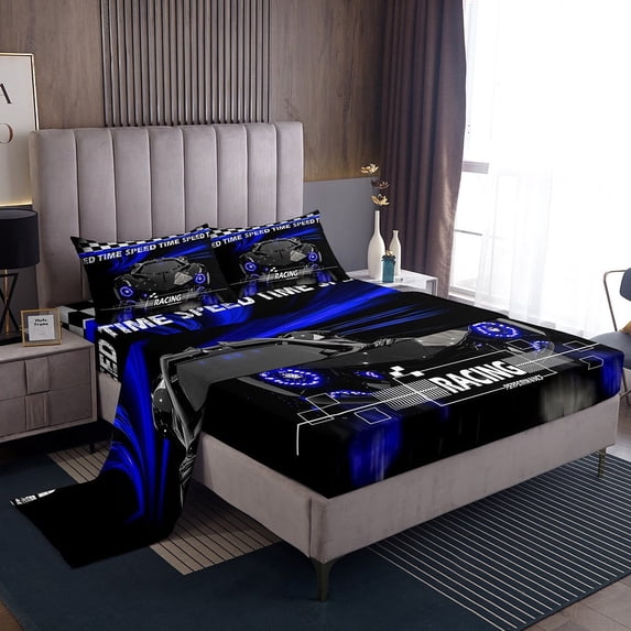 Erosebridal Fast Car Sheet Set Twin,Black Blue Bedding Sets Twin Size,Car Theme Twin Sheet Sets,Microfiber Geometric Room Decorative,3pcs