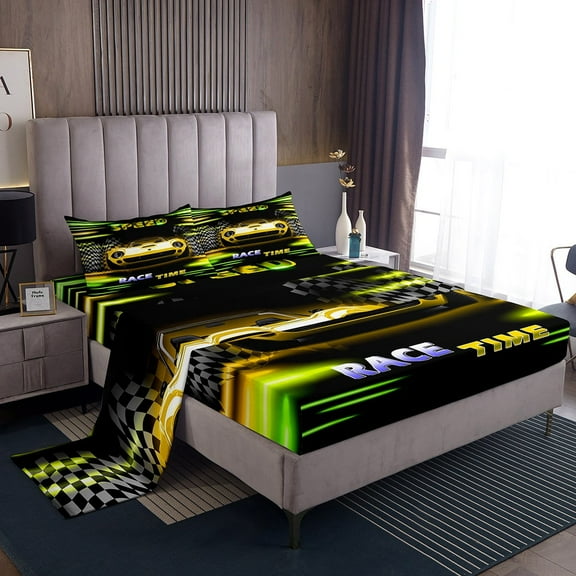 Erosebridal Fast Car Sheet Set Twin,Yellow Green Bedding Sets Twin Size,Car Theme Twin Sheet Sets,Microfiber Geometric Room Decorative,3pcs