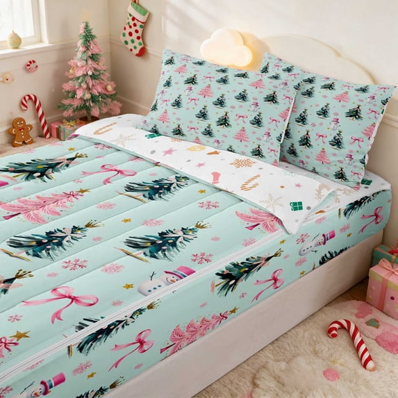 Manfei Father Christmas Zipper Full Size Comforter Sets with Fitted Sheet and 2 Pillowcases Santa Zipper Bedding Set, Cream Green, Xmas Reversible
