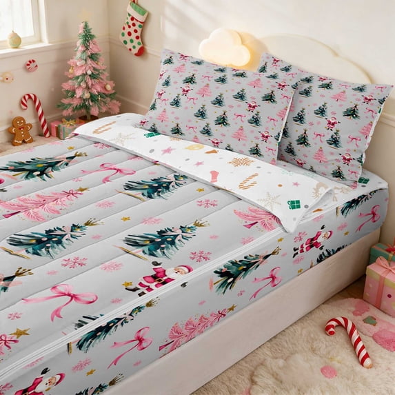 Manfei Father Christmas Zipper Full Size Comforter Sets with Fitted Sheet and 2 Pillowcases Santa Zipper Bedding Set, Purple Pink, Xmas Reversible