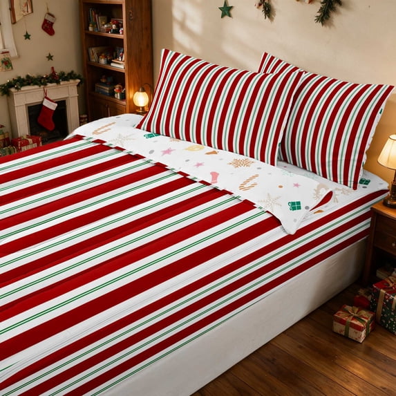 Manfei Festive Zipper Full Size Comforter Sets with Fitted Sheet and 2 Pillowcases Christmas Zipper Bedding Set, Pink Red, Xmas Reversible