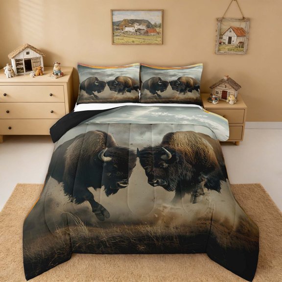 Erosebridal Fighting Bison Prairie Queen Comforter Set for Men and Women, Brown Tan Wildlife Bedding Comforter Set, 3 Pieces 1 Comforter and 2 Pillowcases