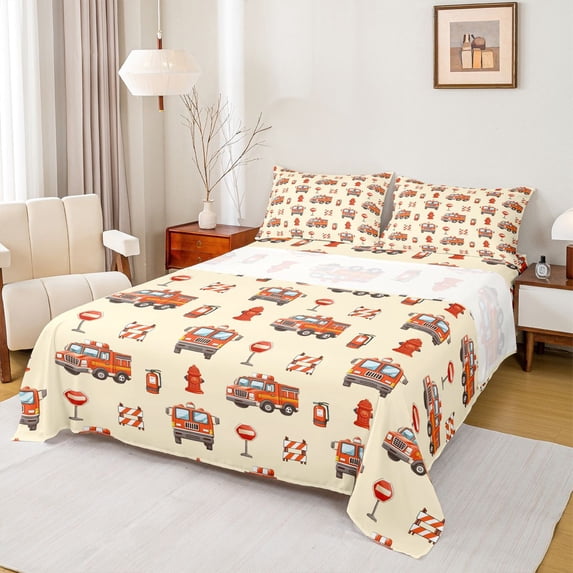 Erosebridal Fire Fighting Truck Bed Sheets for Kids, Cute Cartoon King Sheets, 4pcs