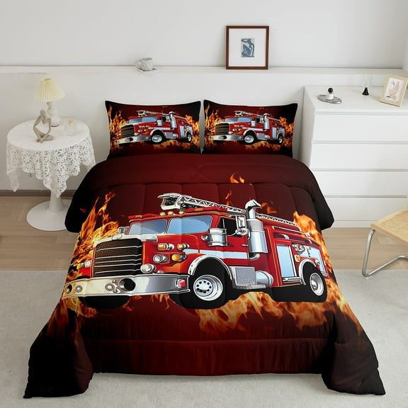 Erosebridal Fire Fighting Truck Bedding Sets Twin with Comforter, Firemen Car Duvet Insert, Cartoon Vehicle Reversible Comforters & Duvets, Breathable Bedroom Decoration, 2pcs
