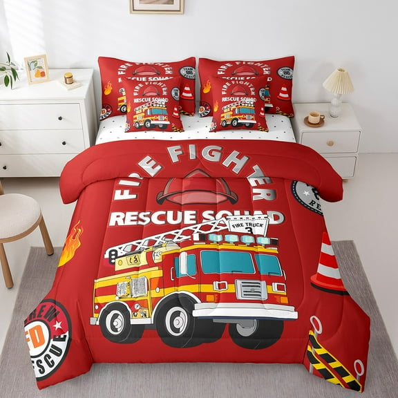 Erosebridal Fire Fighting Truck Bedding Twin Size, Firemen Car Bed Set, Cartoon Vehicle Bedding Sets Twin Size, Breathable Bedroom Decoration, 7pcs