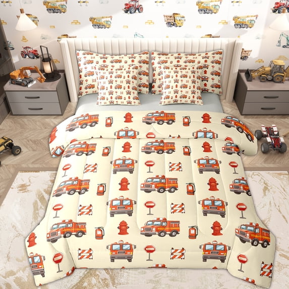 Erosebridal Fire Fighting Truck Twin Bedding Sets 7-Piece for Kids, Cute Cartoon Bedding Comforter Set