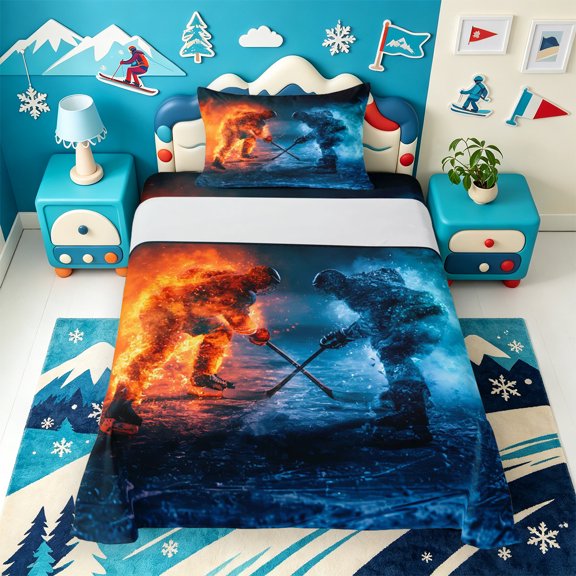 Erosebridal Fire Frost Hockey Twin Sheets,Red Blue Player Motif Bedding,3pcs,1 Flat Sheet,1 Fitted Sheet and 1 Pillowcases