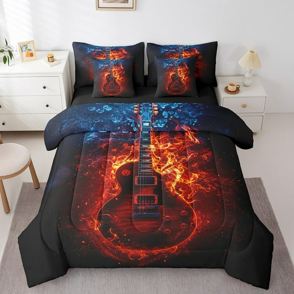 Erosebridal Fire Guitar Bed in a Bag Full size, Pop Music Bed Set, Musical Instrument Decor, Reversible 7pcs