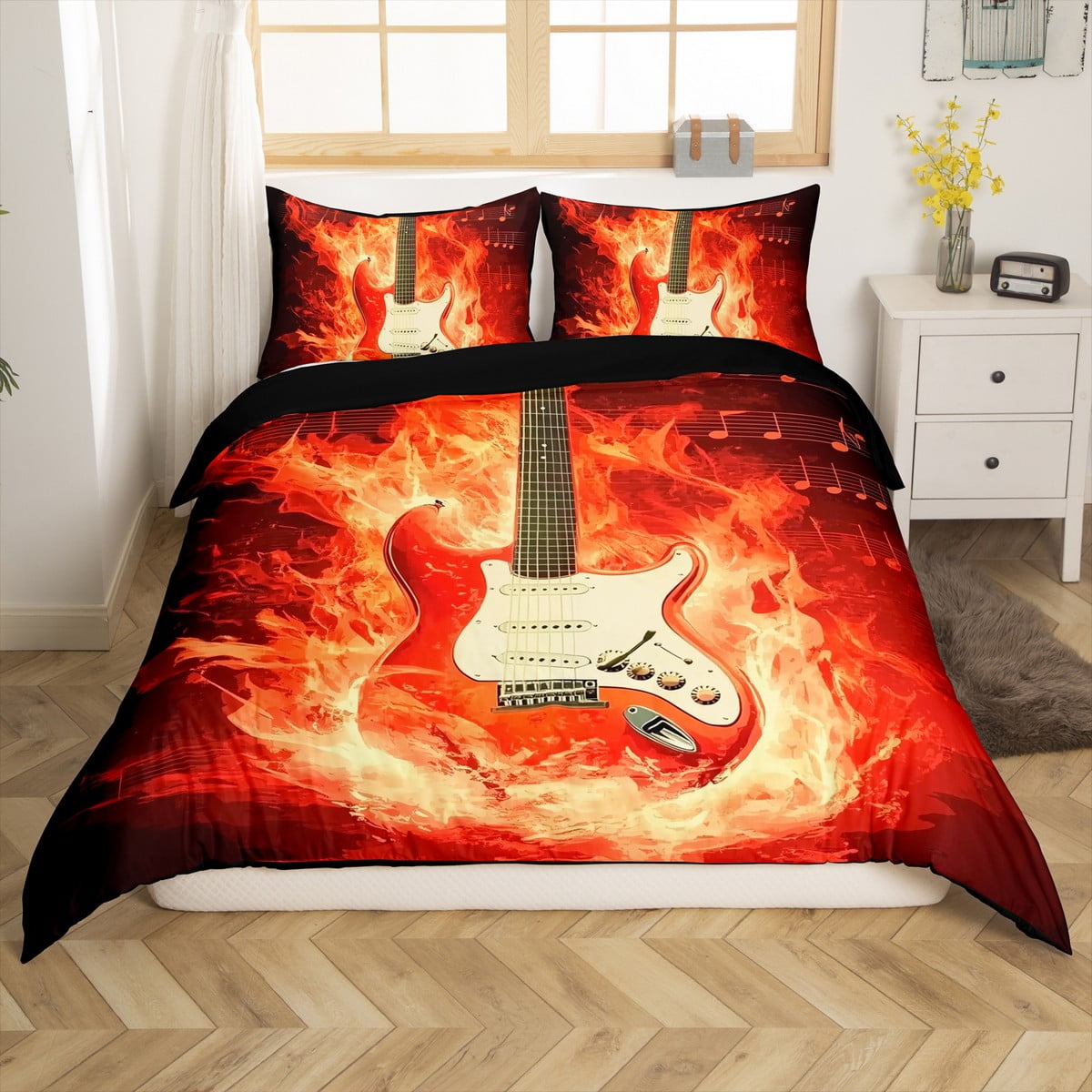Erosebridal Fire Guitar Duvet Cover Queen for Teens, Rock and Roll