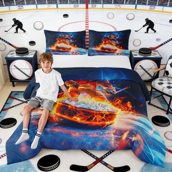 Erosebridal Fire Ice Hockey Queen Comforter Set, Cool Sports Bedding Comforter Set for Men and Boys, Black Reversible 3 Pieces, 1 Comforter and 2 Pillowcases