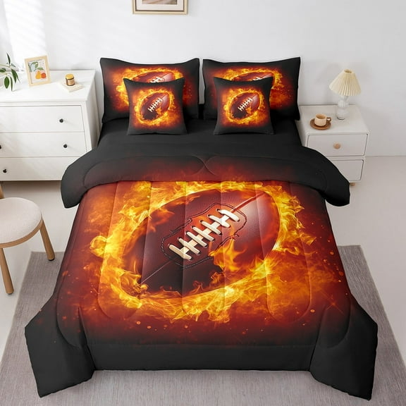 Erosebridal Fire Rugby Bedding Sets Twin Size, Vintage Sports Comforter Sets with Sheets, American Football Reversible Bed Set, Ultra Soft Room Decor, 7 Pieces