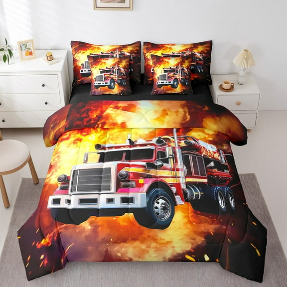 Erosebridal Fire Truck Bedding Sets Twin Size,Firefighter Car Comforter Sets with Sheets,Cartoon Car Bed in a Bag Twin size,Super Cozy Abstract Room Decorative,Reversible,7-Piece