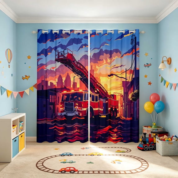 Erosebridal Fire Truck Blackout Curtains Set of 2 (38x54 Each), Firefighter Living Room Curtains, Sunset City