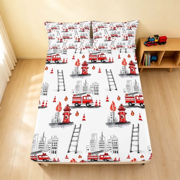 Erosebridal Fire Truck Fitted Sheet Full, Firefighter Bed Set, White Pattern 3 Pieces 1 Fitted Sheet and 2 Pillowcases