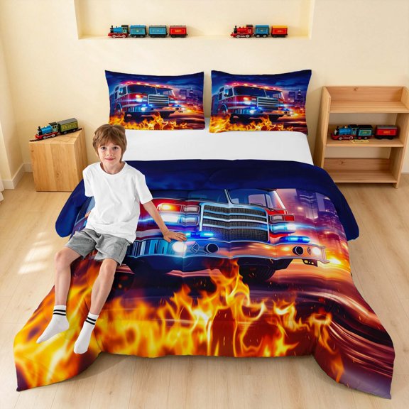 Erosebridal Fire Truck Queen Comforter Set, Night Scene Comforter Sets Queen, Dramatic Night, Navy Reversible 3pcs 1 Comforter and 2 Pillowcases