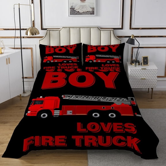 Erosebridal Fire Truck Quilt Sets for Twin Size Bed , Firefighter Car Bed Set, Black Red 2 Pieces